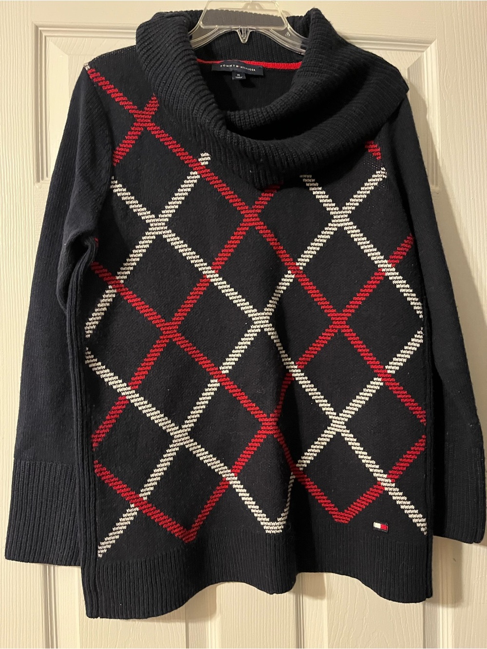 Tommy Hilfiger Black Cowl Neck Argyle Sweater with Red and White Accents